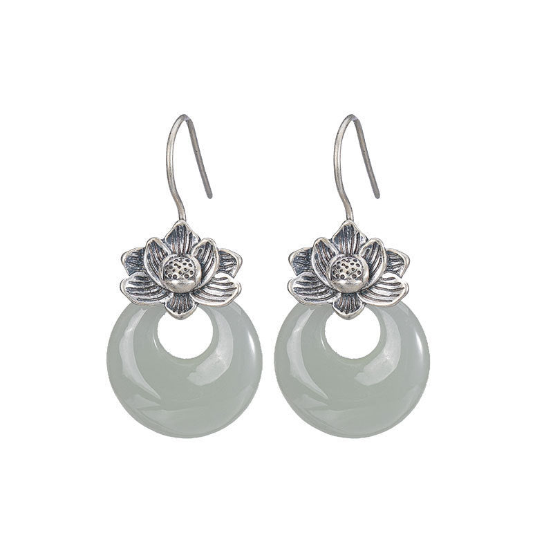 Silver Earrings Female Natural Hetian Jade Retro Personality Lotus