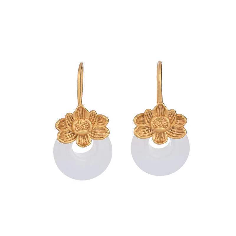 Silver Earrings Female Natural Hetian Jade Retro Personality Lotus