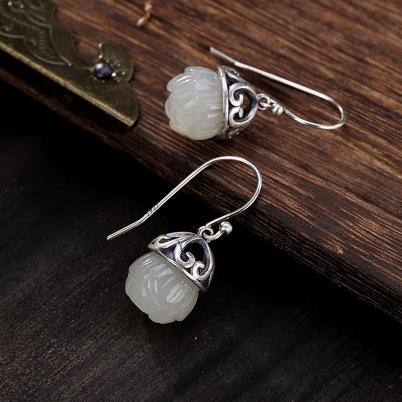 Sterling Silver Natural Hetian Jade Lotus Shape Earrings