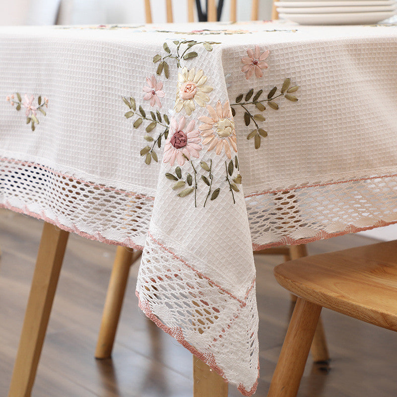 Countryside Handmade Cotton Table Cloth Pure White Embroidery