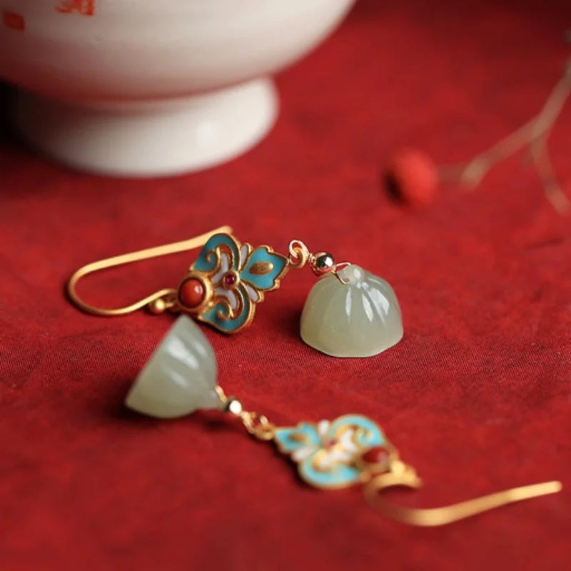 Sterling Silver Ancient Gold Hetian Jade Lotus Seedpod Enamel Women's Court Retro Temperamental Earrings