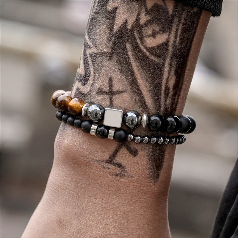 Black Frosted Tigereye Cube Elastic Bracelet Set