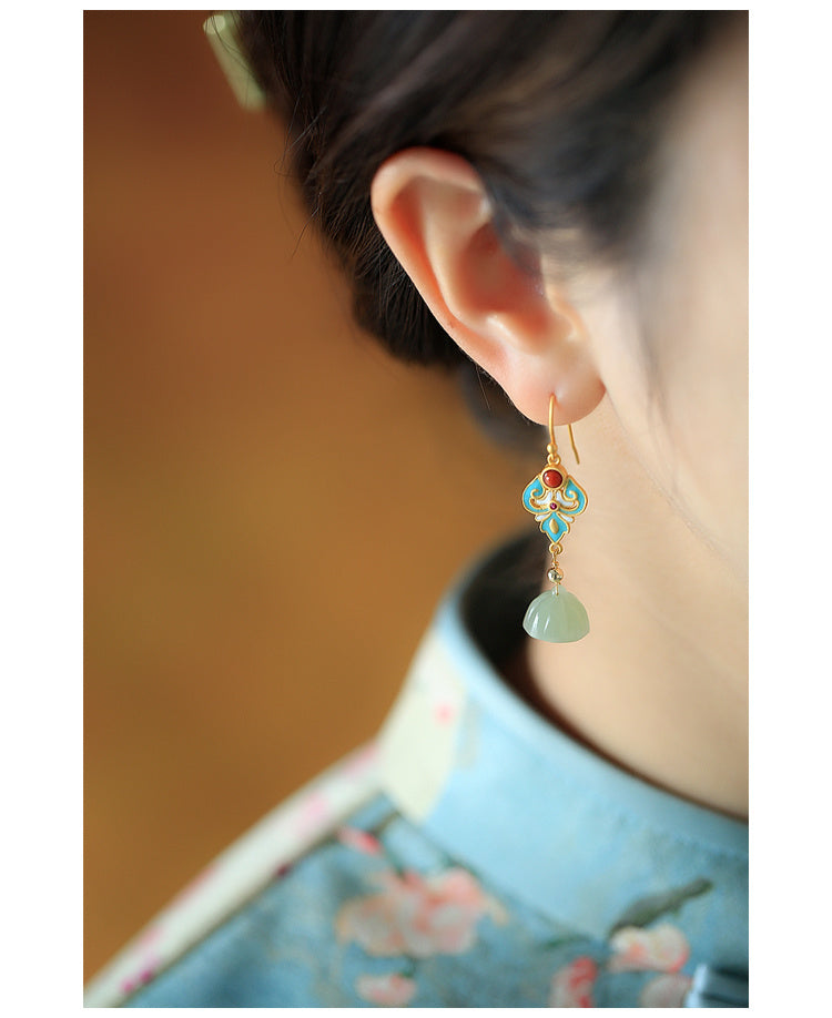 Sterling Silver Ancient Gold Hetian Jade Lotus Seedpod Enamel Women's Court Retro Temperamental Earrings
