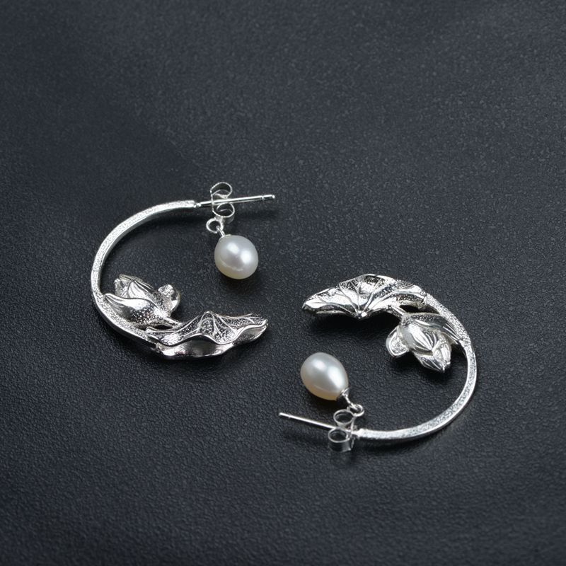 S925 Silver Brushed Lotus Pearl Earrings