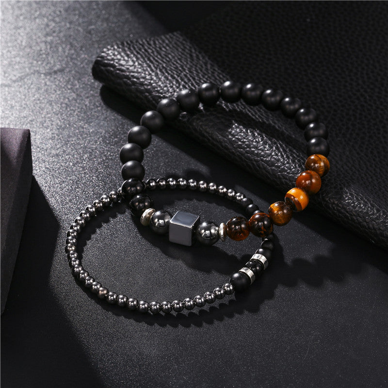 Black Frosted Tigereye Cube Elastic Bracelet Set