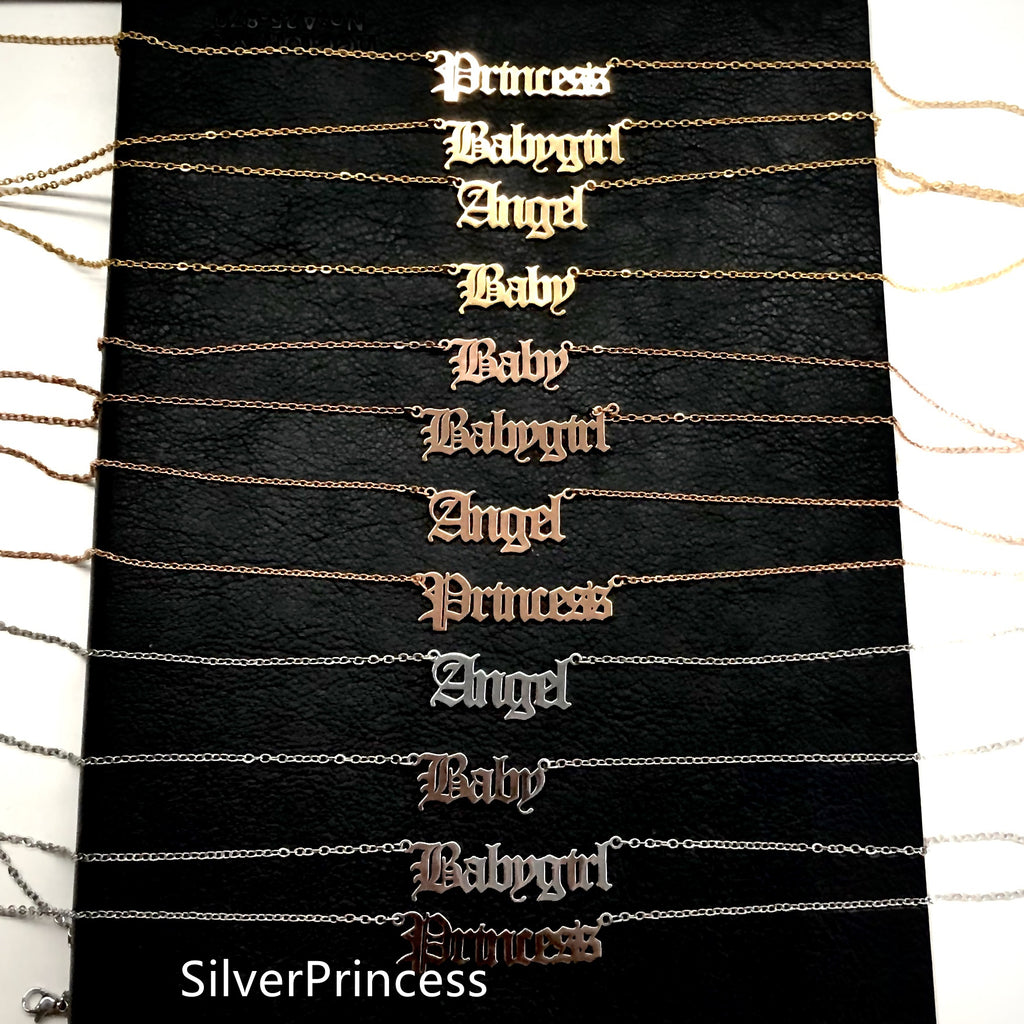 Old English Alphabet Angel Babygirl Princess Necklace