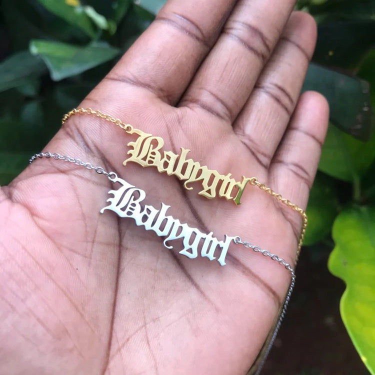 Old English Alphabet Angel Babygirl Princess Necklace