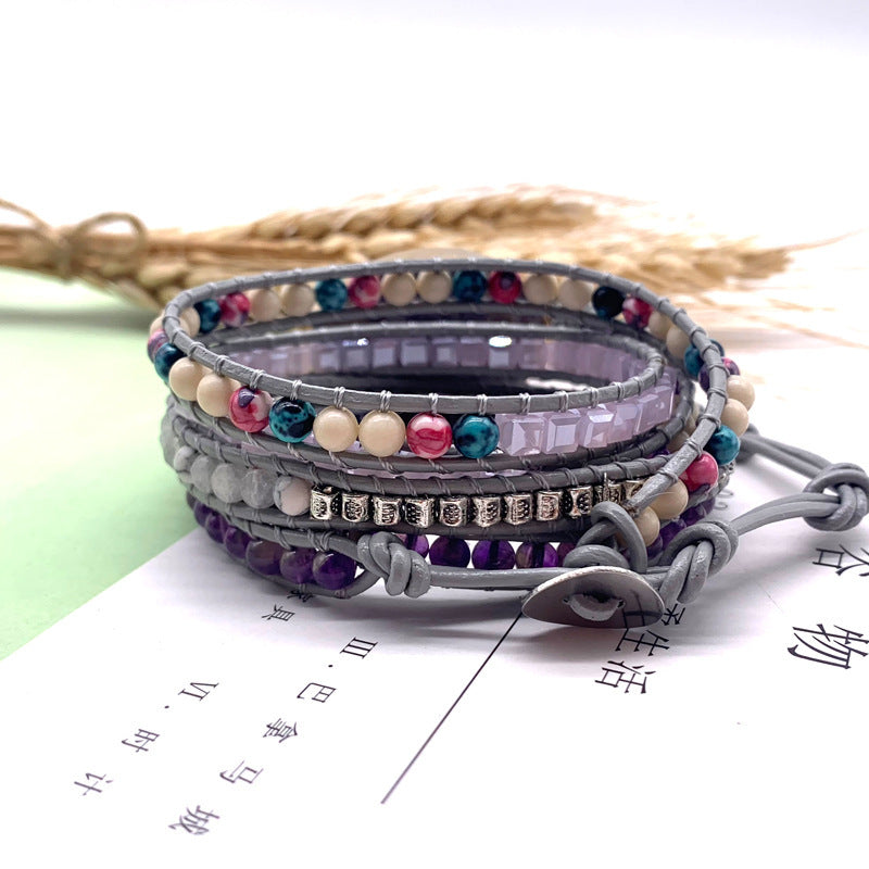 Bohemian Bracelet Purple Jade Bracelet Braided Leather Bracelet