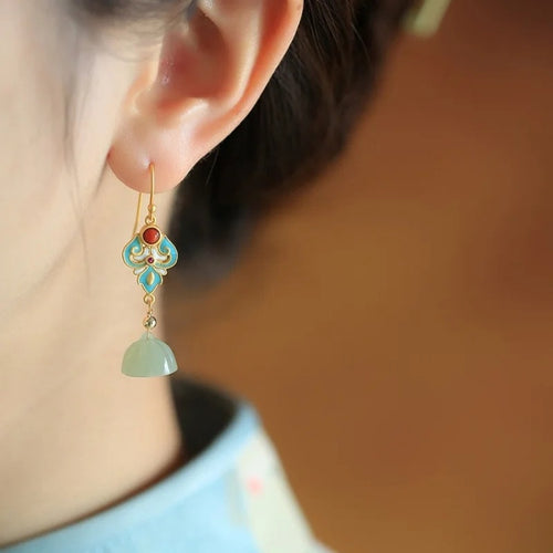 Sterling Silver Ancient Gold Hetian Jade Lotus Seedpod Enamel Women's Court Retro Temperamental Earrings