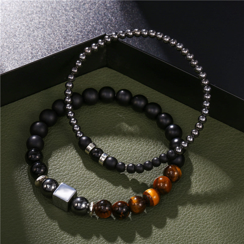 Black Frosted Tigereye Cube Elastic Bracelet Set
