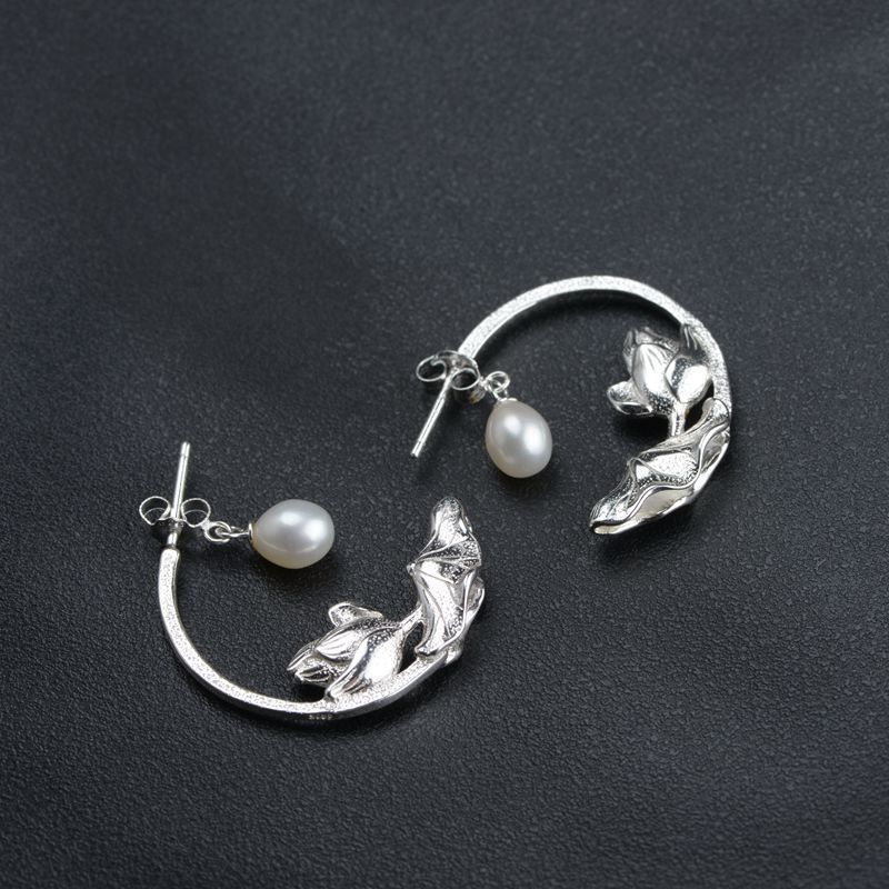 S925 Silver Brushed Lotus Pearl Earrings