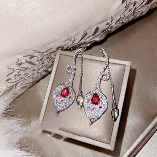 Lotus Pigeon Blood Red Zircon Tassel Earrings