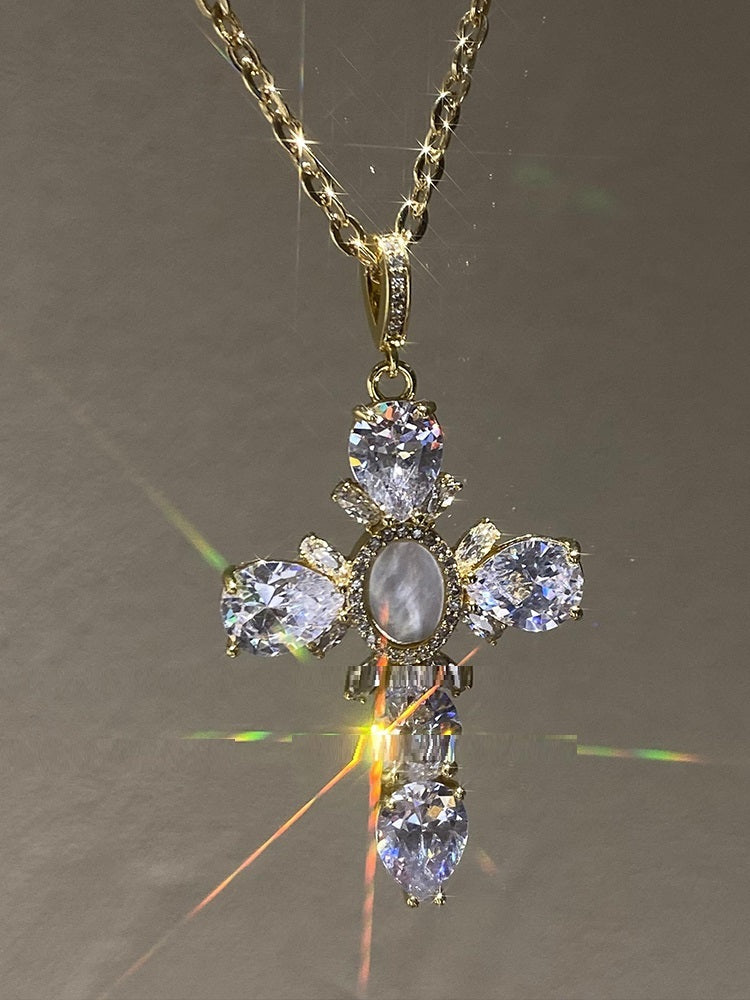 Temperament Versatile Diamond Cross Pendant Necklace Female