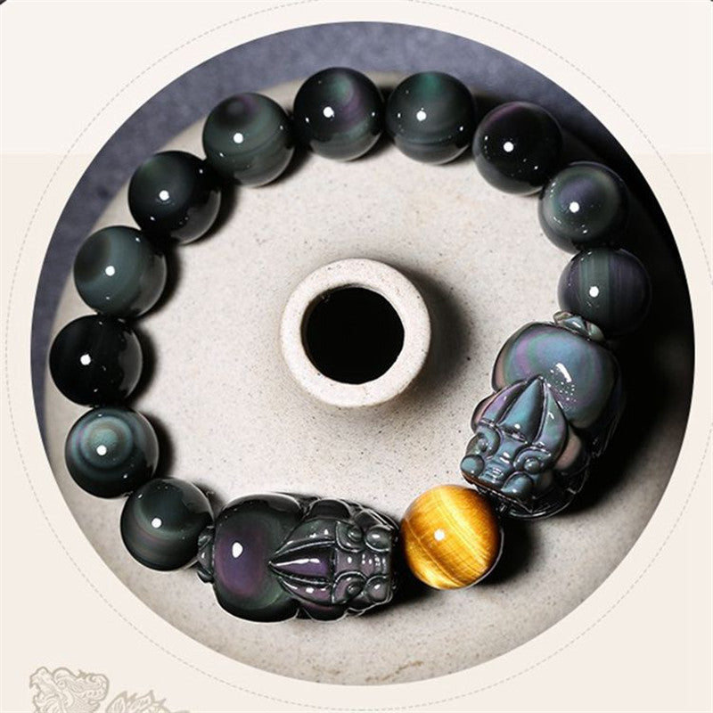 Natural Obsidian Pixiu Double Color Eye Bracelet Mythical Beast