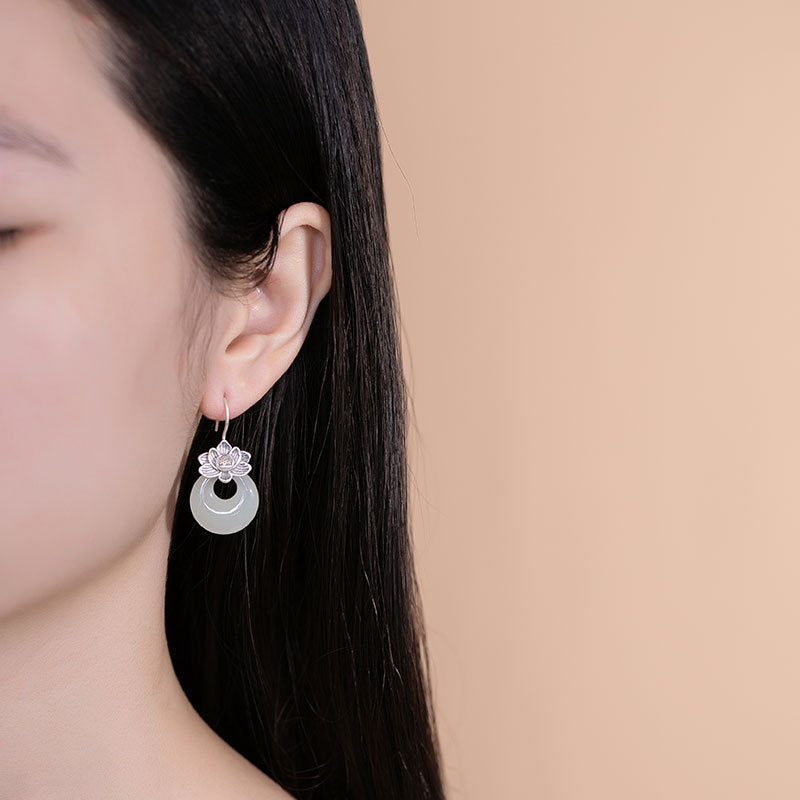 Silver Earrings Female Natural Hetian Jade Retro Personality Lotus