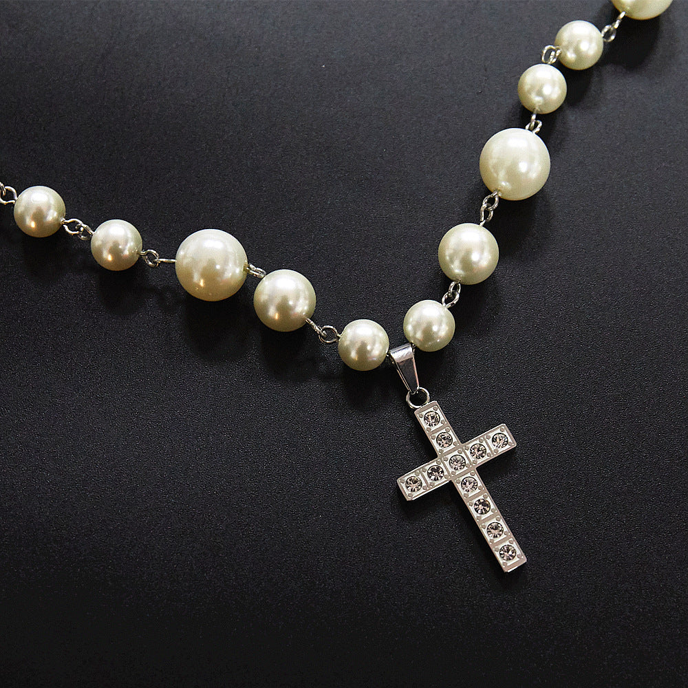 Titanium Steel Diamond Cross Pearl Necklace Adjustable Necklace