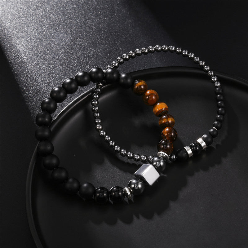 Black Frosted Tigereye Cube Elastic Bracelet Set