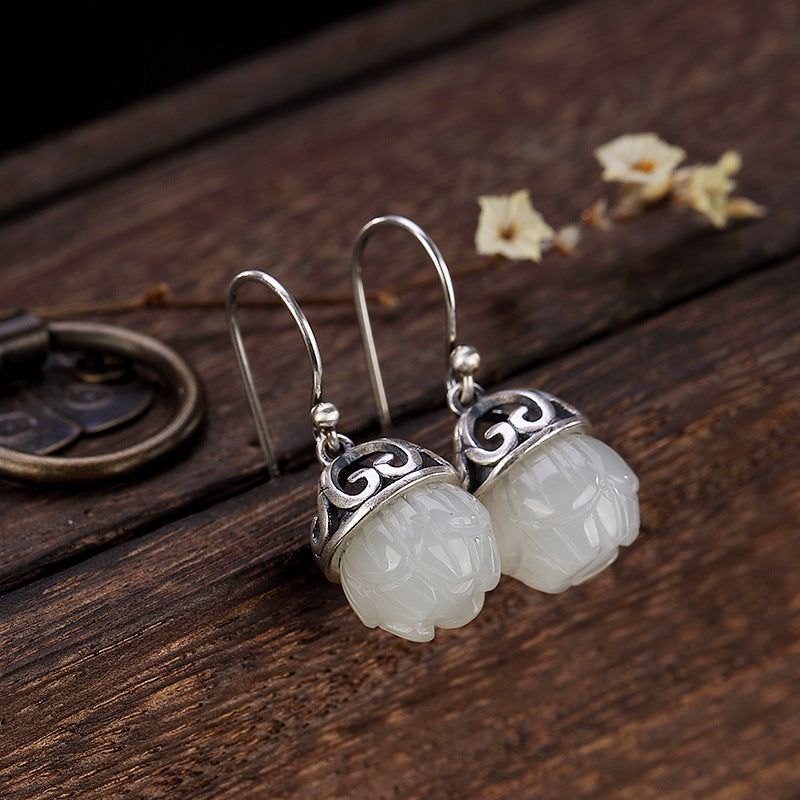 Sterling Silver Natural Hetian Jade Lotus Shape Earrings