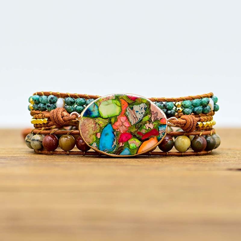 Multicolor Color Matching Natural Stone Cowhide Bracelet