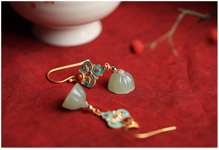 Sterling Silver Ancient Gold Hetian Jade Lotus Seedpod Enamel Women's Court Retro Temperamental Earrings