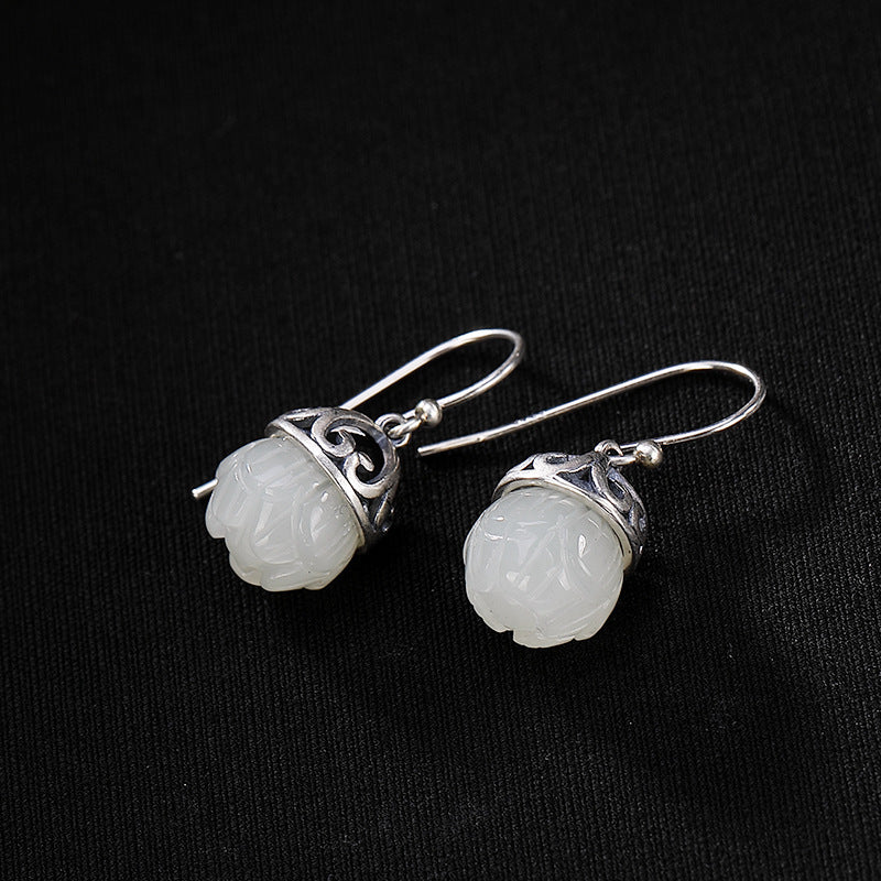 Sterling Silver Natural Hetian Jade Lotus Shape Earrings