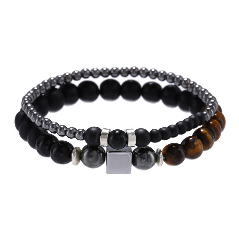 Black Frosted Tigereye Cube Elastic Bracelet Set