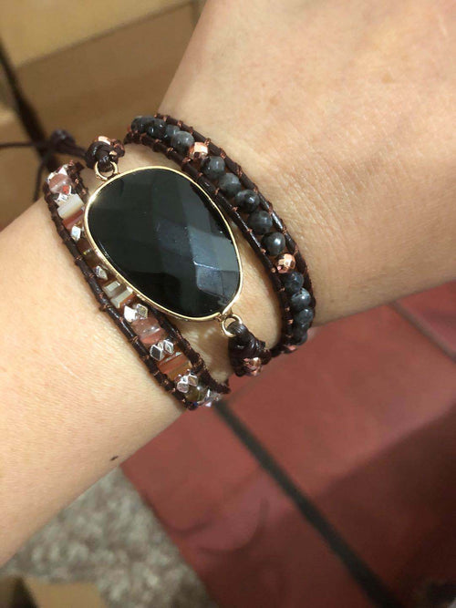 Black Stone Bracelet Braided Leather Bracelet