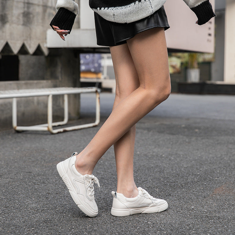 Womens Casual Soft Leather Shoes In Solid Color, Flat And Breathable