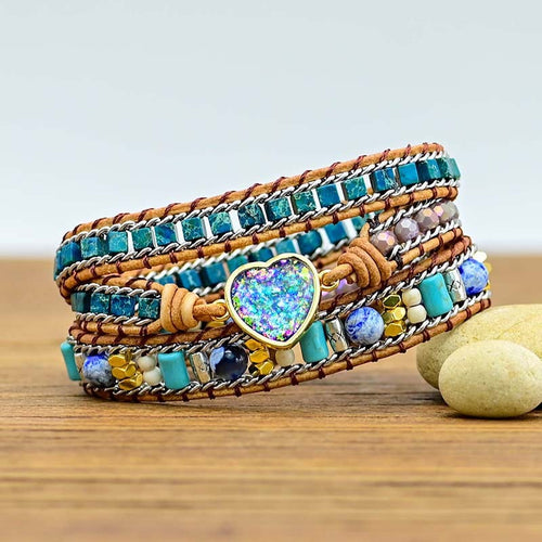 Color Blue Opal Leather Braided Bracelet